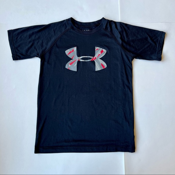 Under Armour XS Loose Heat Gear Black Shirt Gray Red Logo Top Tee - Picture 1 of 4